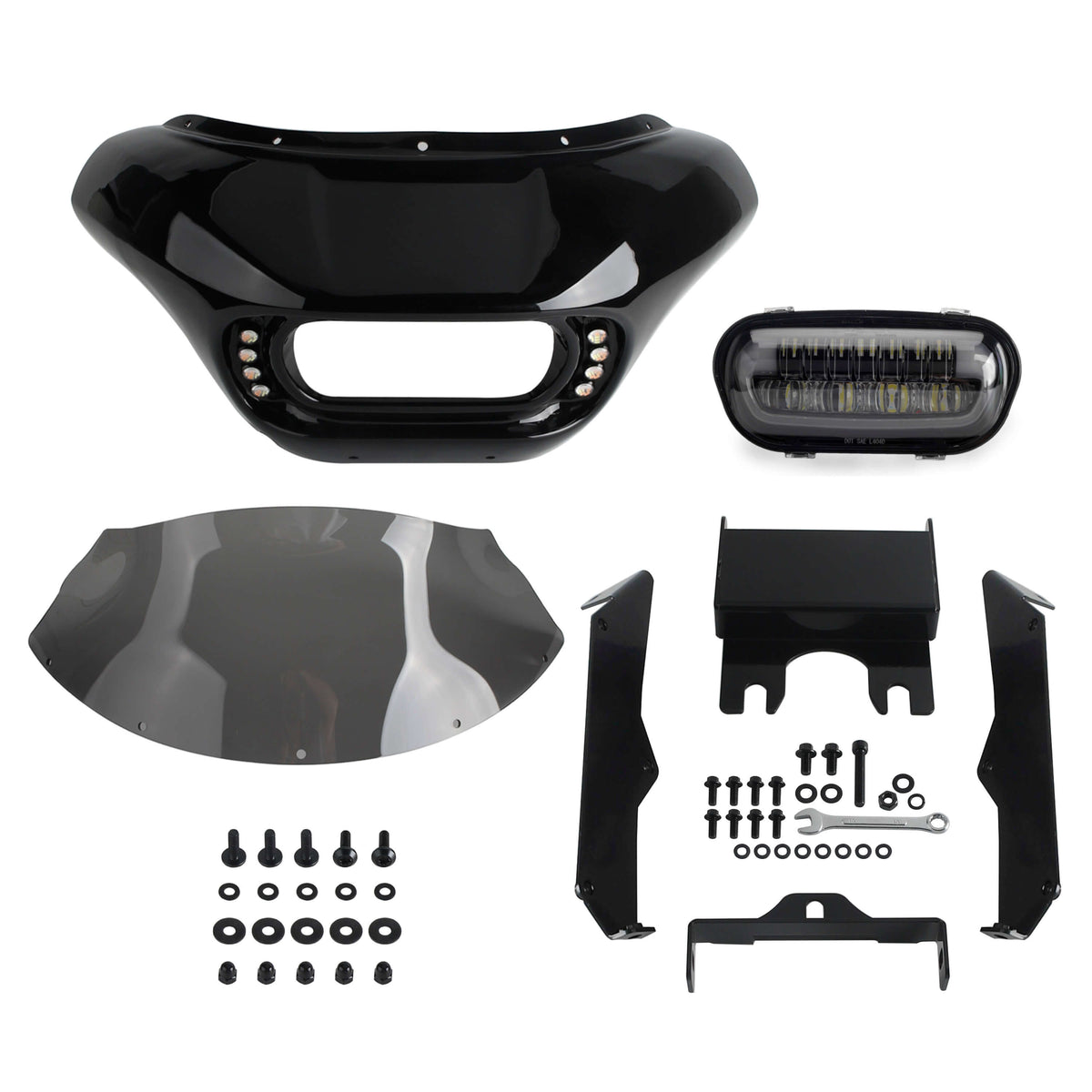 For Harley Dyna Low Rider/ Street Bob/ Fat Bob/ Super Glide/ Wide Glide 2006-2017 Headlight Fairing Front Mask with LED Headlamp Daytime Running Lights & Turn Signals